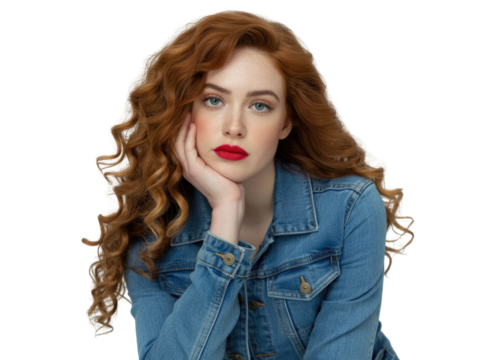 Portrait of young woman with red curly hair and denim jacket, looking thoughtfully isolated on transparent background