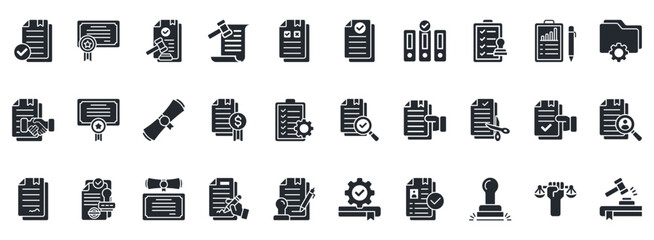 Legal Document Icon Set. Contains Icons That Are Relevant For Business. Designed In Vector Glyph Style