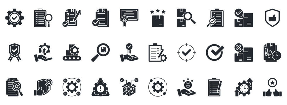 Quality Control Icon Set. Contains Icons That Are Relevant For Business. Designed In Vector Glyph Style