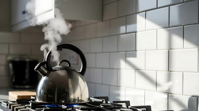 Steaming kettle boiling on gas stove in kitchen with bright sunlight and white tile