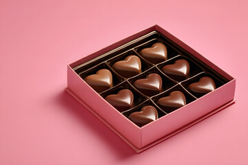 Heart shaped chocolates in a box on a pink background