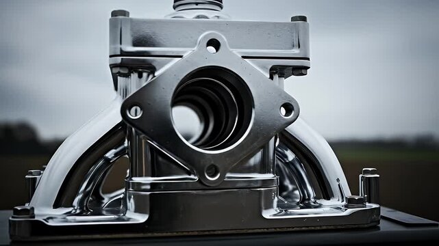 Polished Metal Engine Part Static Display Outdoor Overcast Sky