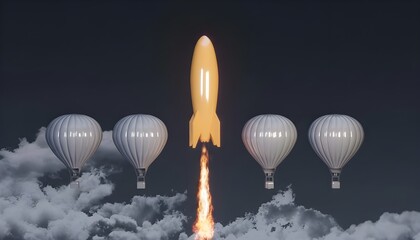 Rocket launching past hot air balloons into the night sky