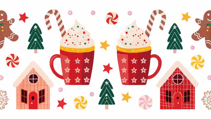 Festive Christmas hot chocolate and gingerbread treats illustration, perfect for holiday cards, invitations and winter themed designs, cozy season vibes