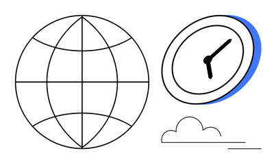 Globe representing global presence, clock symbolizing time, cloud for technology. Ideal for globalization, time management, internet, communication, business future teamwork. Simple flat metaphor