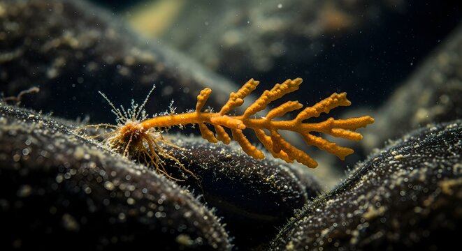 Vibrant orange marine hydroid showcasing its delicate fern-like structure while thriving on the dark ocean floor