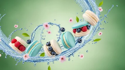 Colorful macarons with fresh blueberries and raspberries surrounded by water splashes and pink blossoms - Powered by Adobe