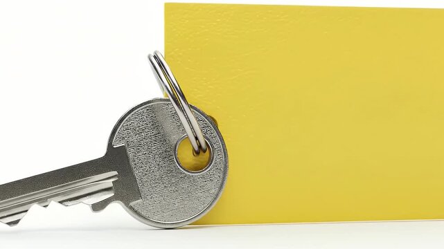 A pristine silver key is meticulously presented, attached to a shiny metallic keyring and a vibrant, blank yellow tag. The key and tag are set against a clean, crisp white background, offering a minim