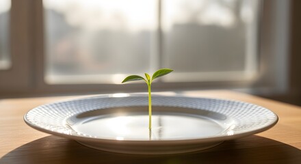 Fresh new plant seedling served on a ceramic plate representing a sustainable vegan diet and a healthy lifestyle
