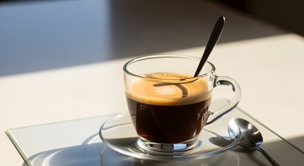 A delicious cup of black espresso coffee with rich crema in a transparent glass mug, basking in the warm morning sunlight for a daily ritual
