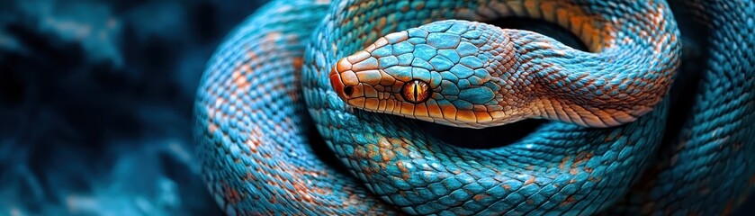 A vibrant blue snake curled gracefully, showcasing intricate scales.