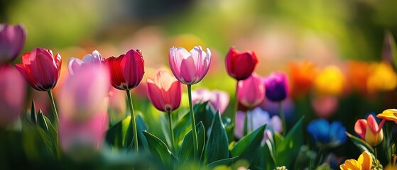 A vibrant display of blooming tulips in various colors.