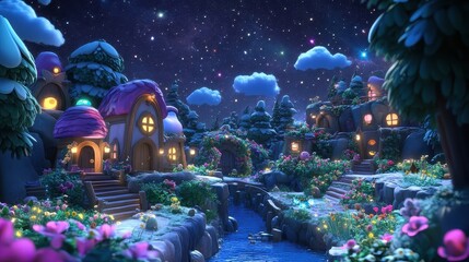 A magical, serene village illuminated under a starlit night sky.