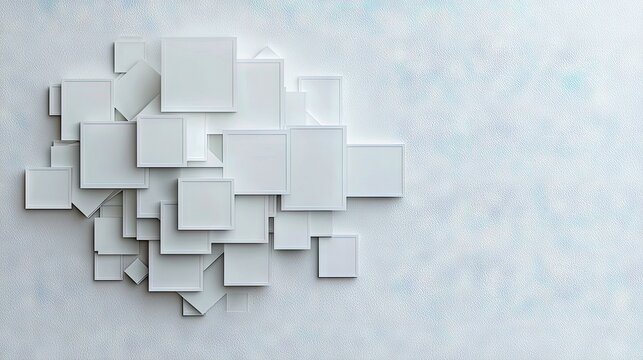 A cluster of various sized empty white frames arranged in an abstract, overlapping pattern on a textured wall with a subtle blue gradient.