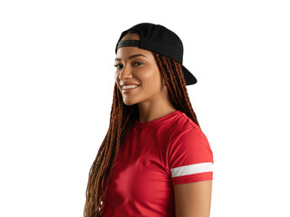 Young woman with braided hair and baseball cap smiling, wearing red shirt. 72 isolated on transparent background