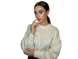Young woman with pearl embellished sweater posing elegantly on white background isolated on transparent background