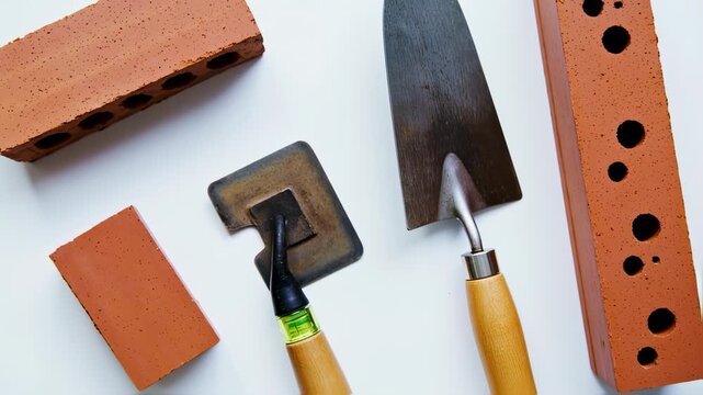 Construction tools and bricks on a white surface