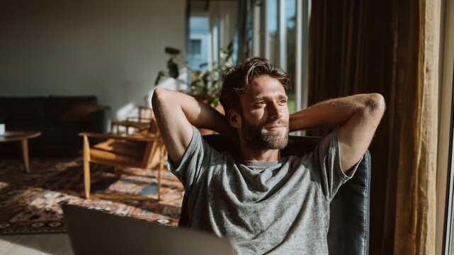 Contemplative Moments: A man with a serene expression leans back, lost in thought, the sun's warm embrace painting the scene, with a glimpse of his cozy interior space.