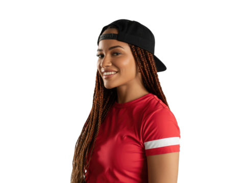 Young woman with braided hair and baseball cap smiling, wearing red shirt. 72 isolated on transparent background