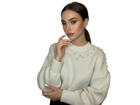Young woman with pearl embellished sweater posing elegantly on white background isolated on transparent background