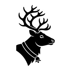 Christmas reindeer head silhouette with bell collar and antlers profile vector illustration