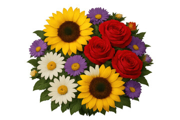 Naklejka premium Colorful floral bouquet featuring red roses, yellow sunflowers, white daisies, and purple asters on transparent background