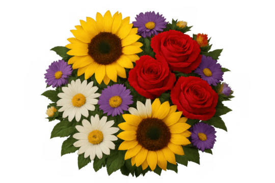 Colorful floral bouquet featuring red roses, yellow sunflowers, white daisies, and purple asters on transparent background