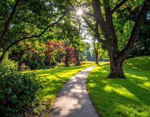Sun Drenched Park Path with Lush Greenery and Sunlight Bursting Through Trees in a Serene Landscape at Daytime