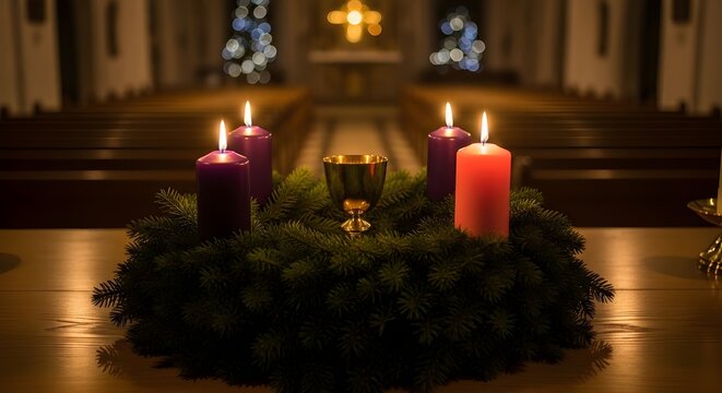 Lit Advent wreath with purple and pink candles and golden chalice inside a dark church. isolated PNG with Transparent Background
