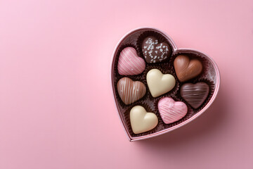 Heart-shaped chocolates in a heart-shaped box on a pink background, Valentine's Day