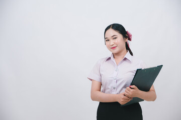 Professional woman with clipboard smiling in office attire on white background for business and corporate concepts