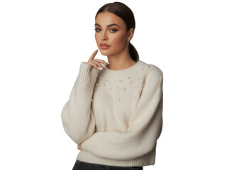 Young woman with hand on chin, wearing pearl embellished sweater, looking thoughtfully isolated on transparent background