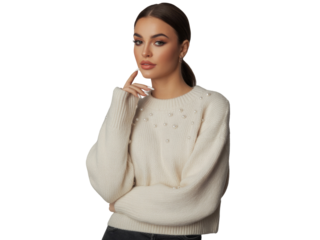 Young woman with hand on chin, wearing pearl embellished sweater, looking thoughtfully isolated on transparent background