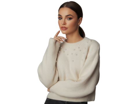 Young woman with hand on chin, wearing pearl embellished sweater, looking thoughtfully isolated on transparent background