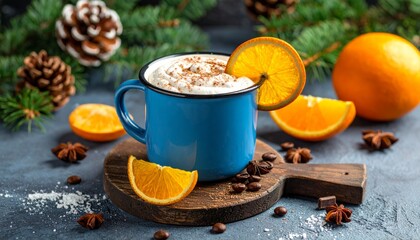 Hot Christmas mulled wine in a glass mug with cinnamon and star anise spices on a brown wooden table