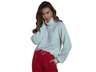 Woman in white turtleneck sweater and red pants posing confidently, studio portrait isolated on transparent background