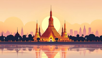 Naklejka premium Flat vector illustration of Bangkok’s Wat Arun temple at sunset, golden spires reflecting on the river, soft gradient sky, minimal clean geometric shapes, vibrant cultural mood, modern travel style.