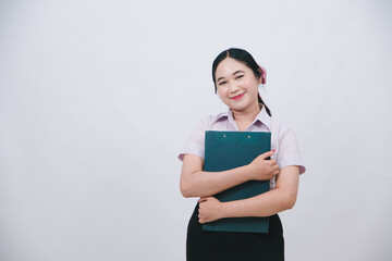 Confident Professional Woman with Clipboard Smiling in Studio Against White Background