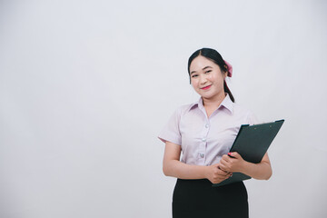 Confident Asian woman in professional attire holding clipboard and smiling, isolated on white background, ready for work or business presentation