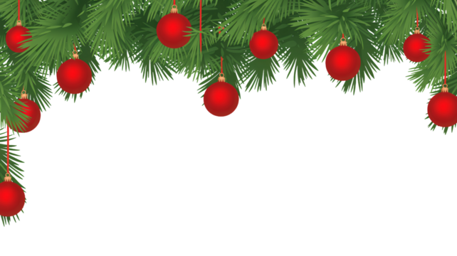 Festive evergreen branches with bright red Christmas ornaments frame your design