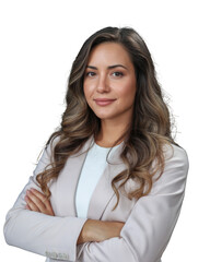Confident businesswoman with arms crossed wearing a light suit, looking forward, isolated isolated on transparent background