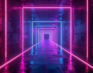 Futuristic corridor with neon lights and reflective floor, leading to infinite space