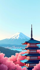 Flat-vector illustration of a traditional Japanese pagoda overlooking cherry blossom hills, Mount Fuji silhouette in the background, calm blue sky, minimalist clean shapes, bright harmonious colors, 