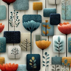 Seamless Pattern modern flowers. A vibrant pattern featuring various stylized flowers and leaves in rich colors, perfect for modern decor.