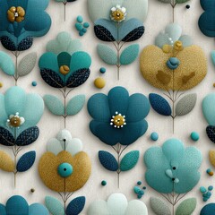 Seamless Pattern modern flowers. A vibrant floral pattern in shades of blue and gold, showcasing artistic blooms with various texture and shapes.
