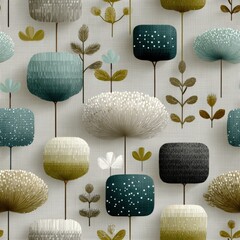 Seamless Pattern modern flowers. A vibrant pattern featuring stylized flowers and leaves in soothing blue and green tones for interior design inspiration.