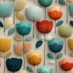 Seamless Pattern modern flowers. A vibrant pattern of stylized flowers with colorful petals and leaves, perfect for artistic backgrounds.