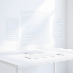 A minimal white workspace with soft holographic UI panels, ideal for illustrating clean digital dashboards, modern productivity tools, and futuristic interface concepts.