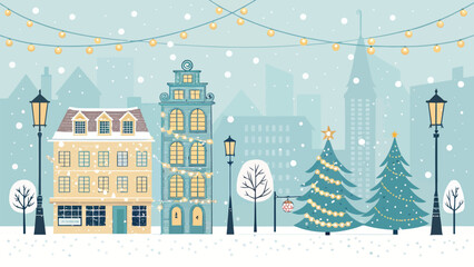 Charming winter townscape with snow falling, illuminated buildings, and decorated Christmas trees, perfect for holiday greetings and seasonal promotions