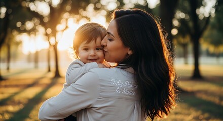 Golden-Hour Motherhood Scene with Embroidered Message